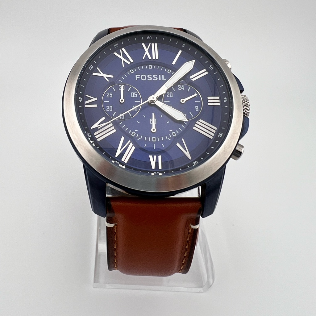 Fossil Grant Round Analog Blue Dial Men's Watch Brown Leather Quartz Fs5151